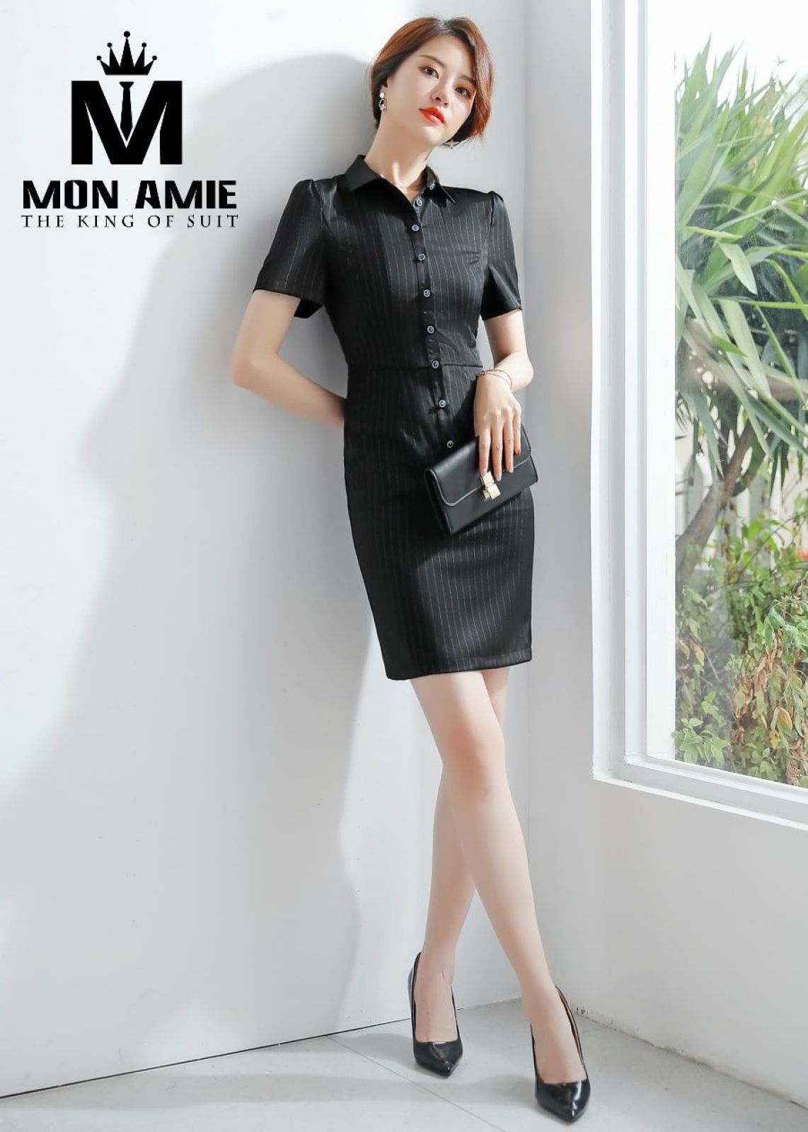 Shirt Tulip Black Striped Dress With Short Sleeves 